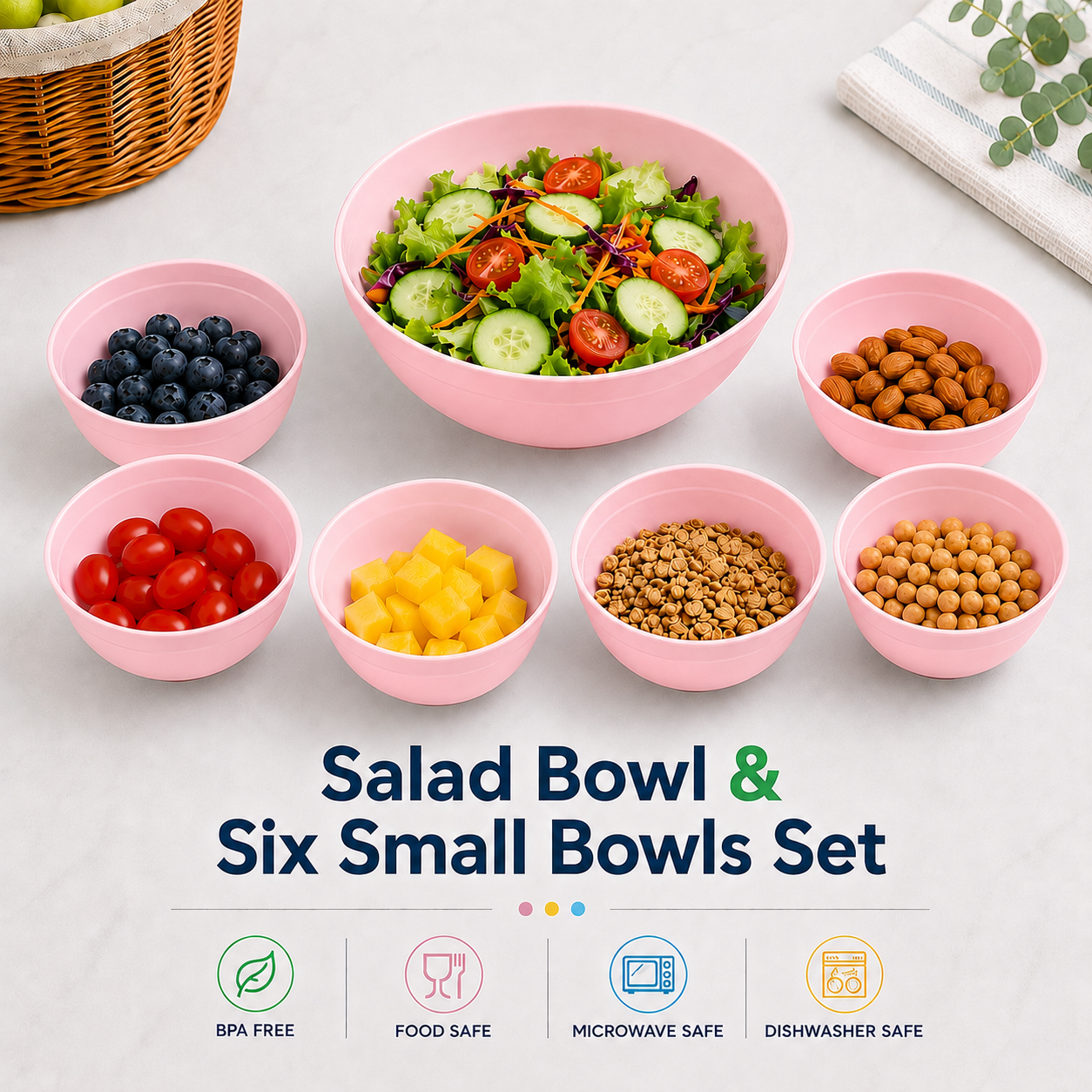 salad bowl & six small bowls