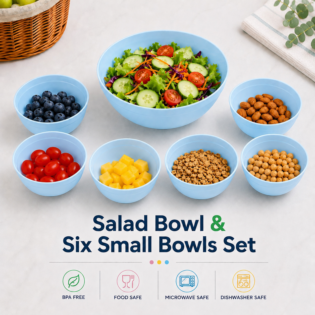 salad bowl & six small bowls