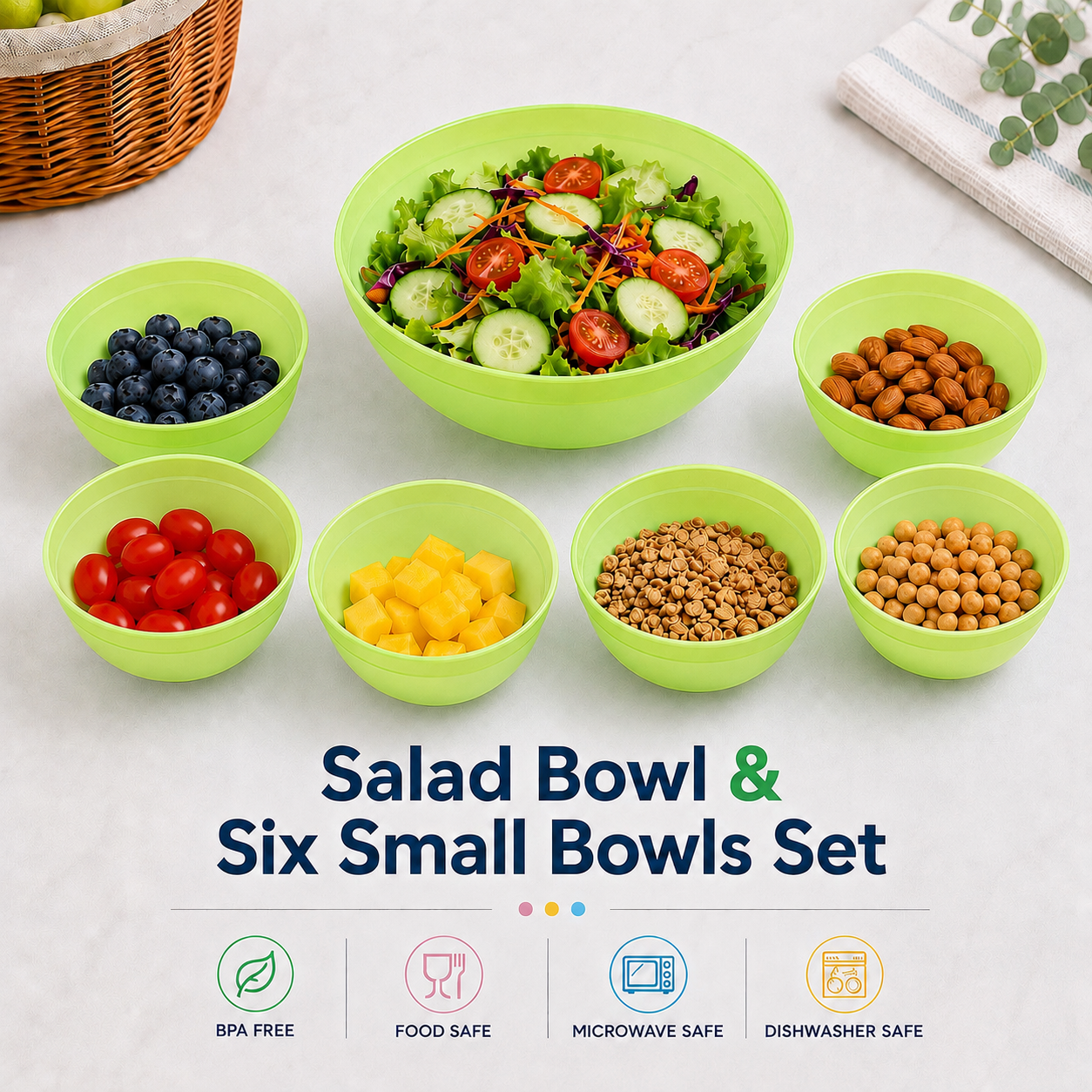 salad bowl & six small bowls