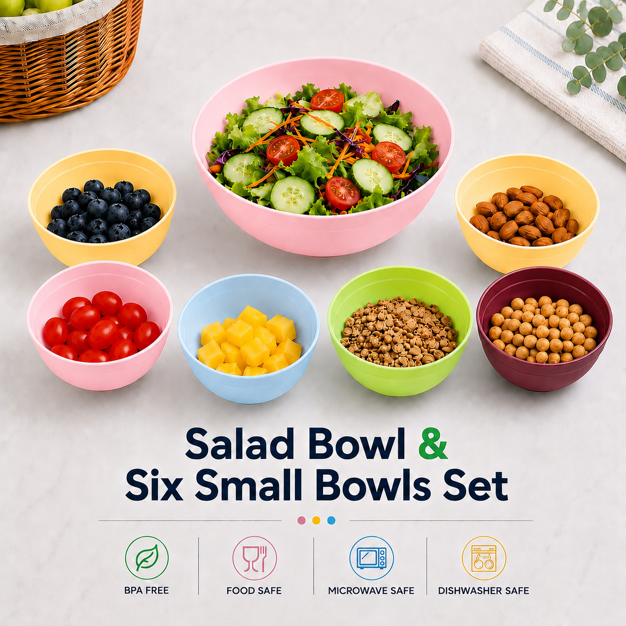 salad bowl & six small bowls