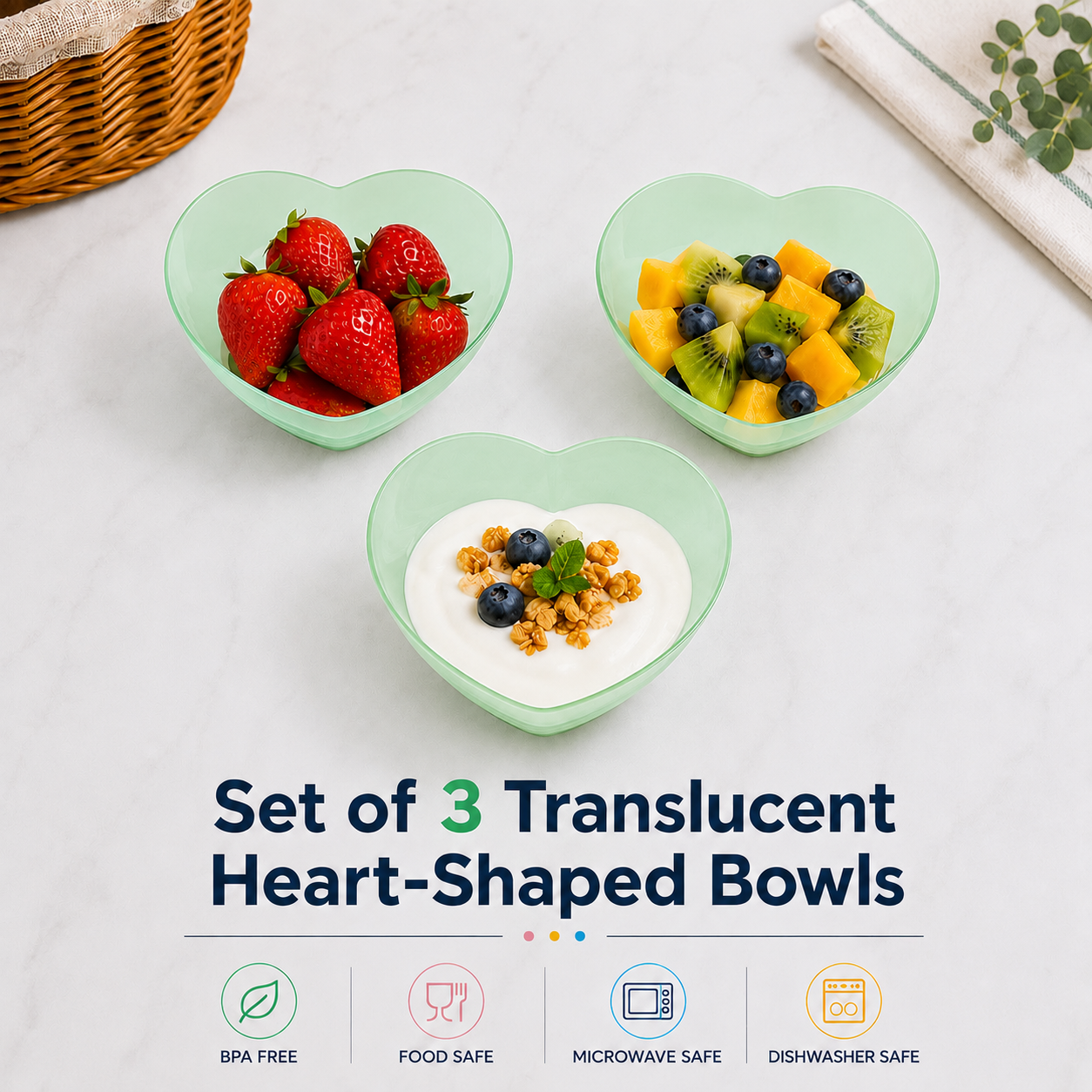 Set of 3 Translucent Heart-Shaped Bowls (T06)