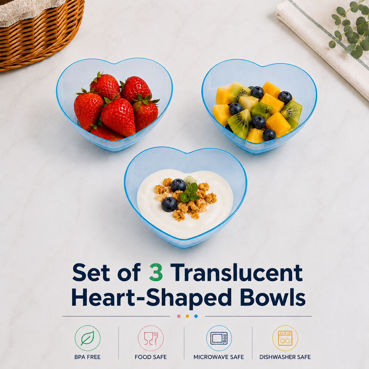 Set of 3 Translucent Heart-Shaped Bowls (T06)