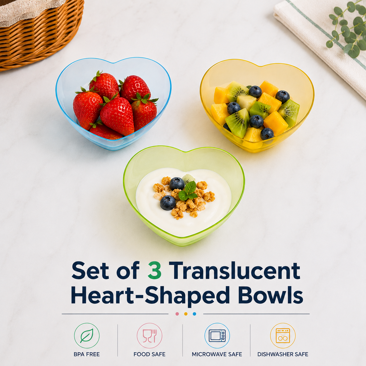 Set of 3 Translucent Heart-Shaped Bowls (T06)