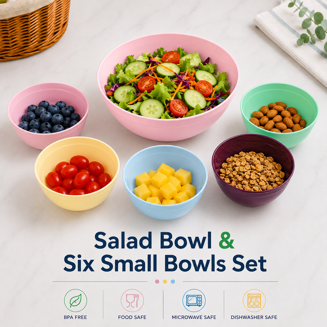 salad bowl & six small bowls