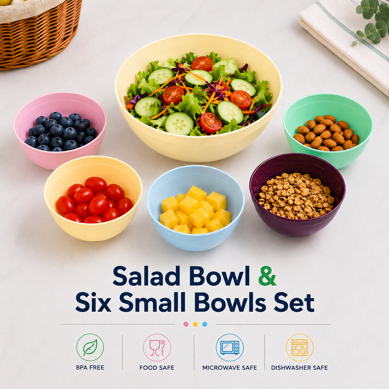 salad bowl & six small bowls