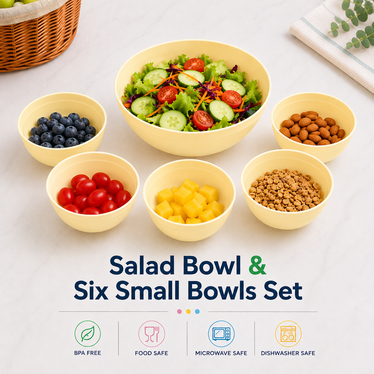 salad bowl & six small bowls