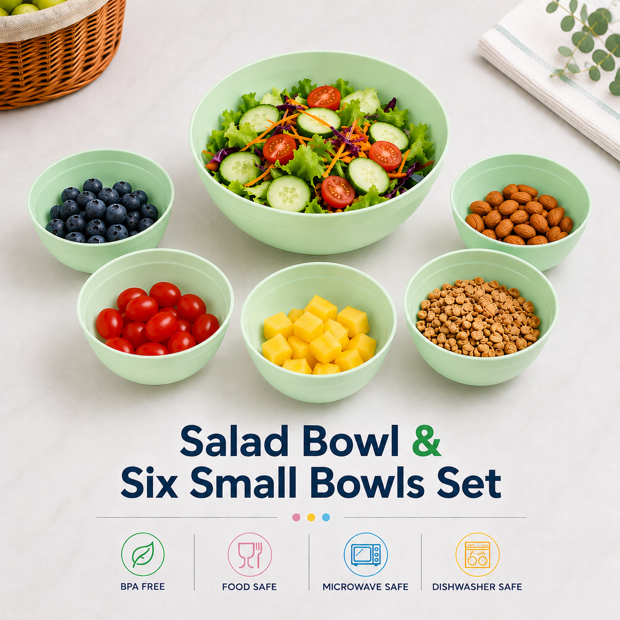 salad bowl & six small bowls