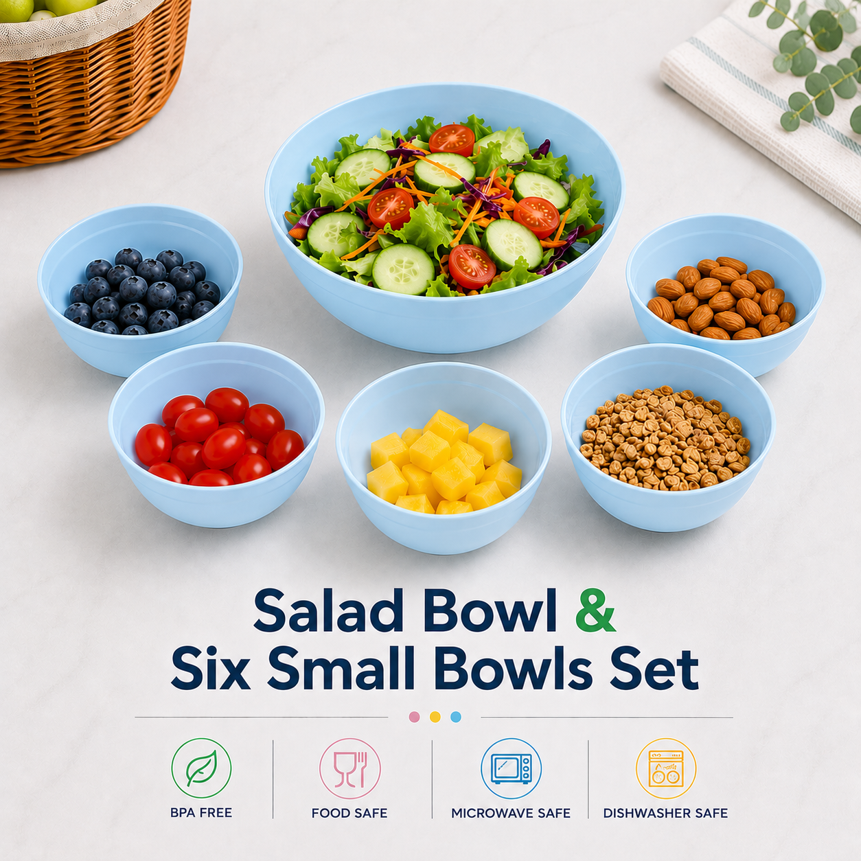 salad bowl & six small bowls