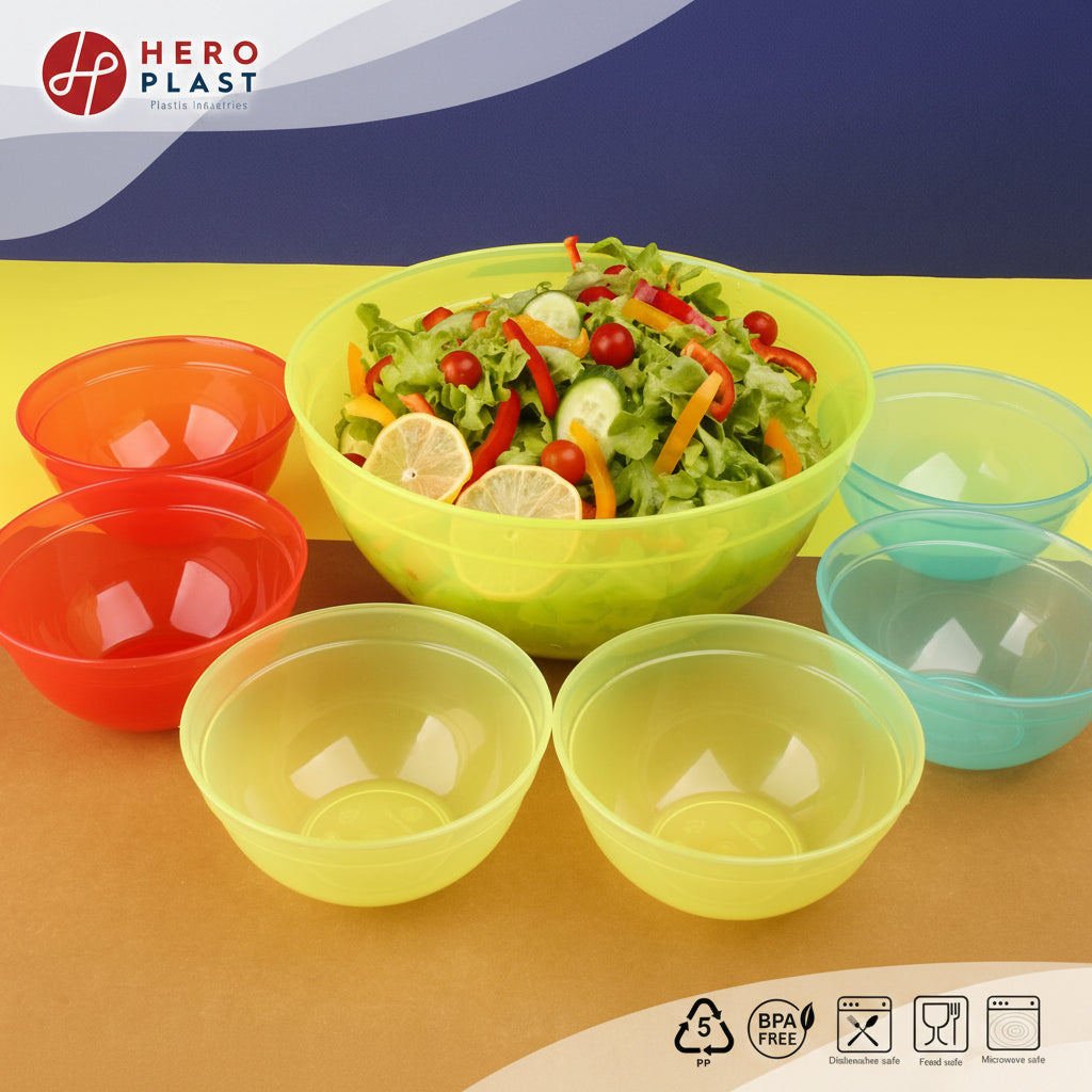 Salad bowl & six small bowls translucent