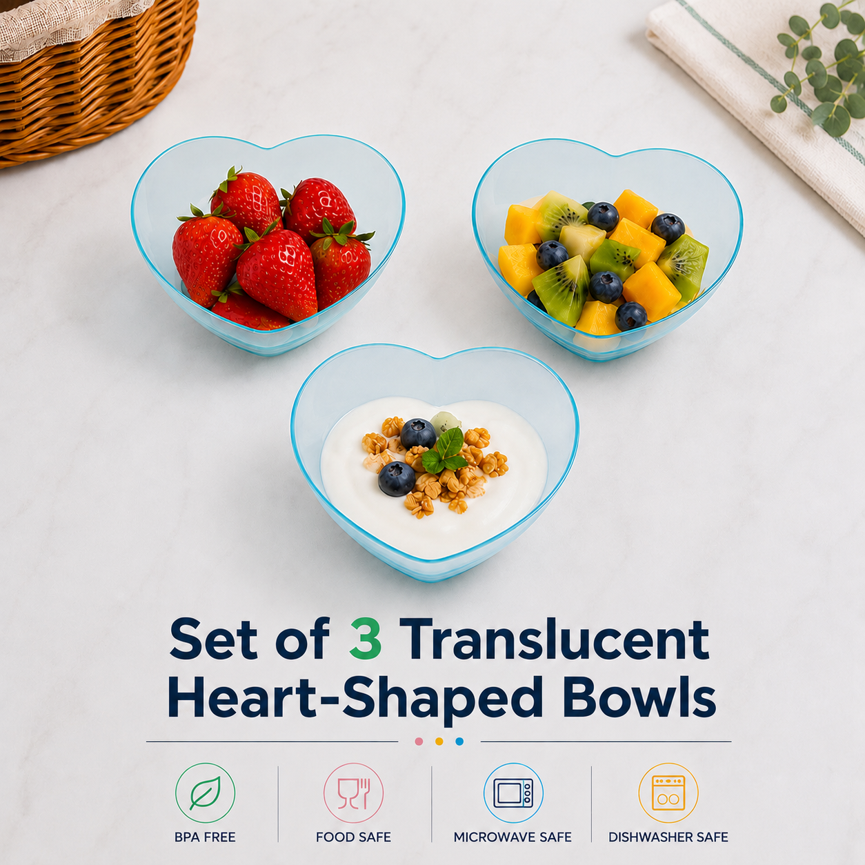 Set of 3 Translucent Heart-Shaped Bowls (T06)