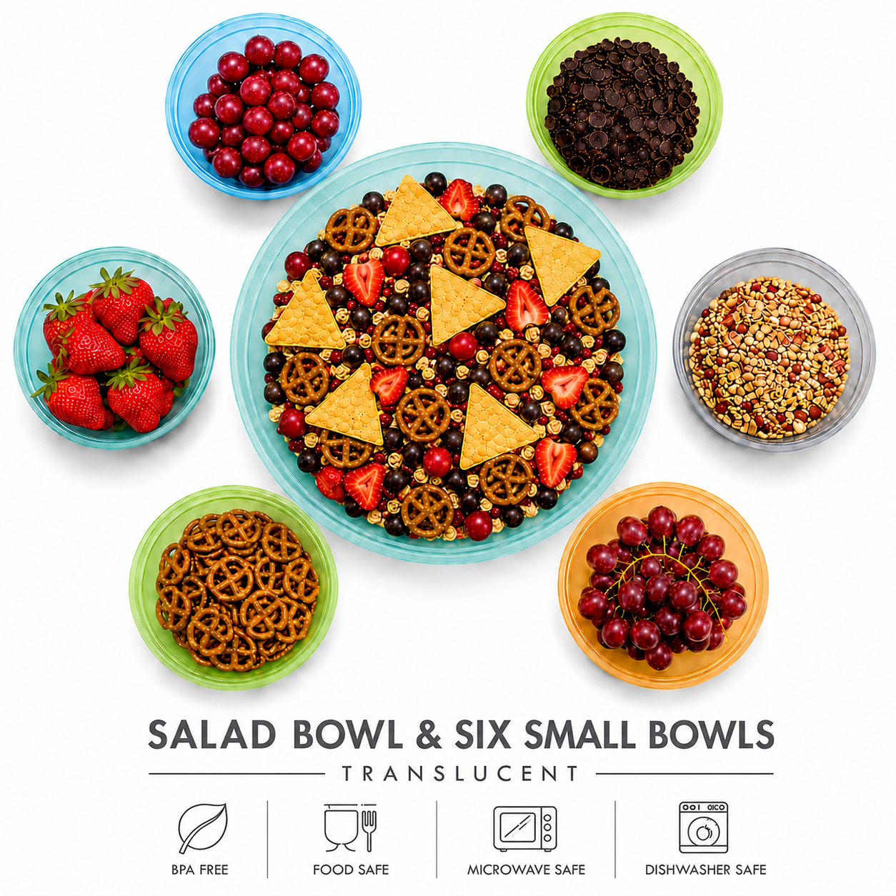 Salad bowl & six small bowls translucent