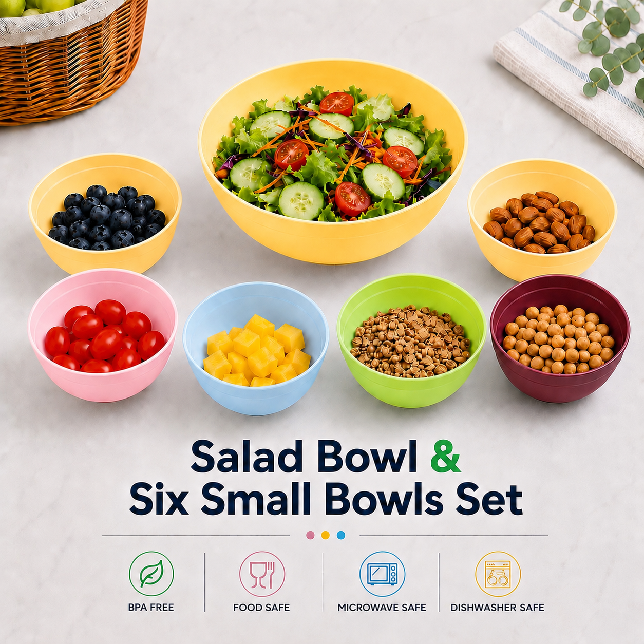 salad bowl & six small bowls