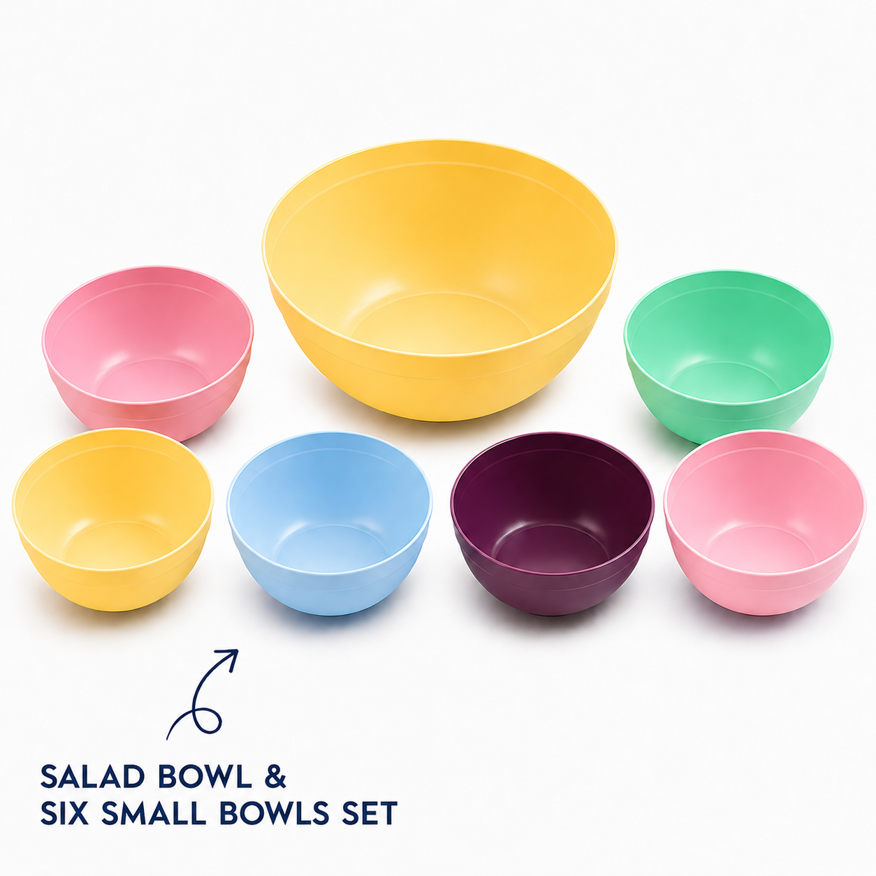 salad bowl & six small bowls