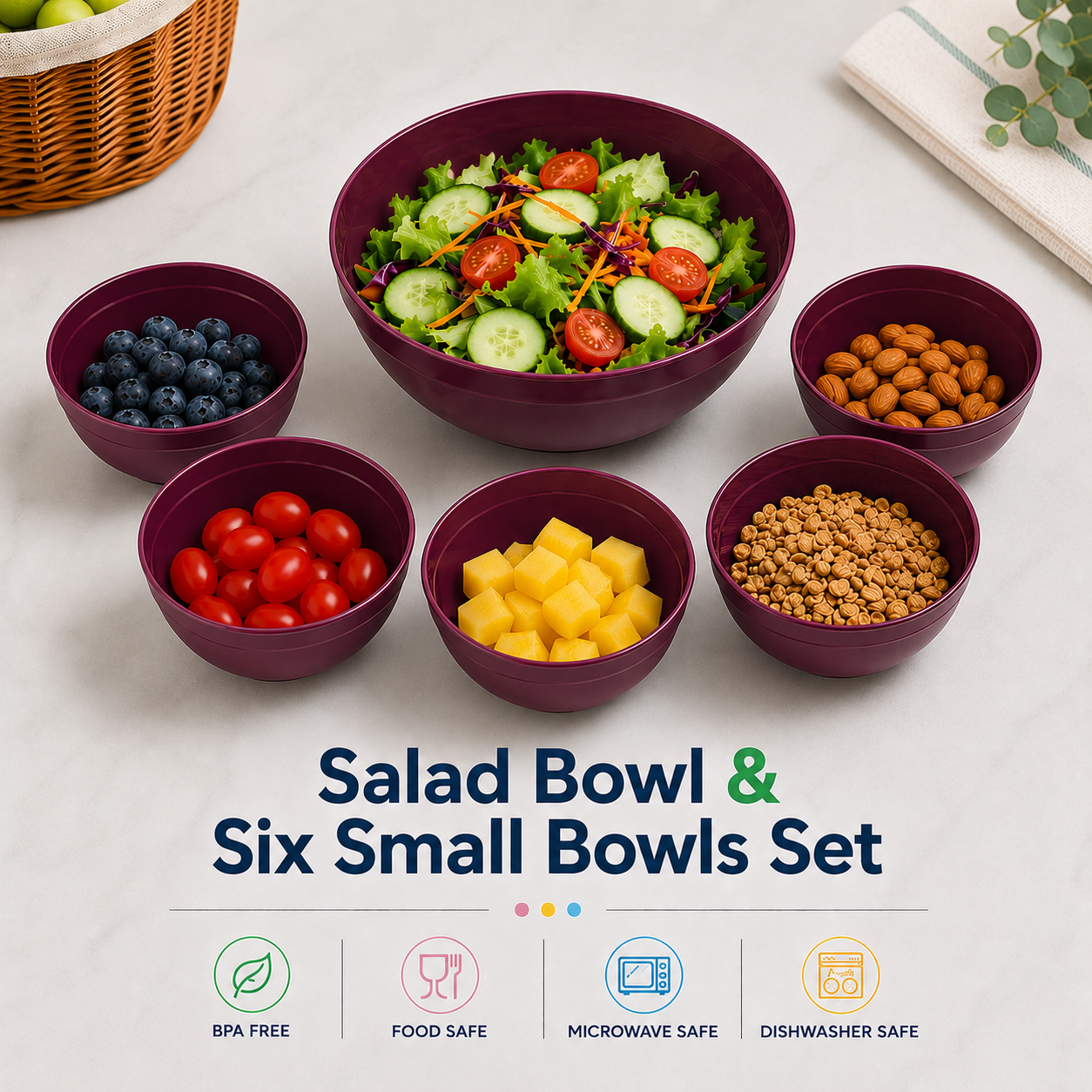 salad bowl & six small bowls
