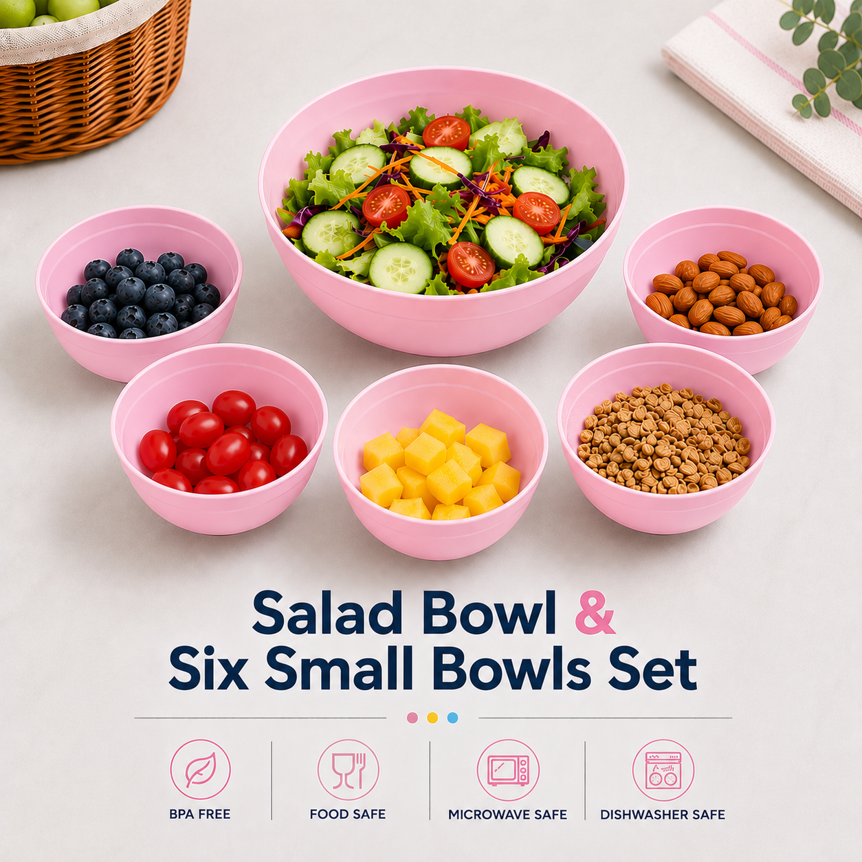 salad bowl & six small bowls
