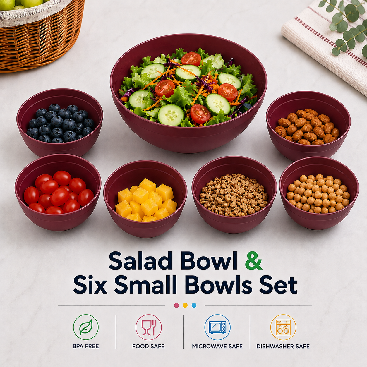 salad bowl & six small bowls