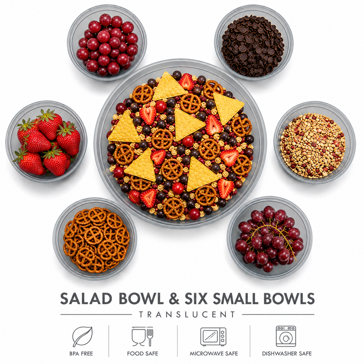 Salad bowl & six small bowls translucent