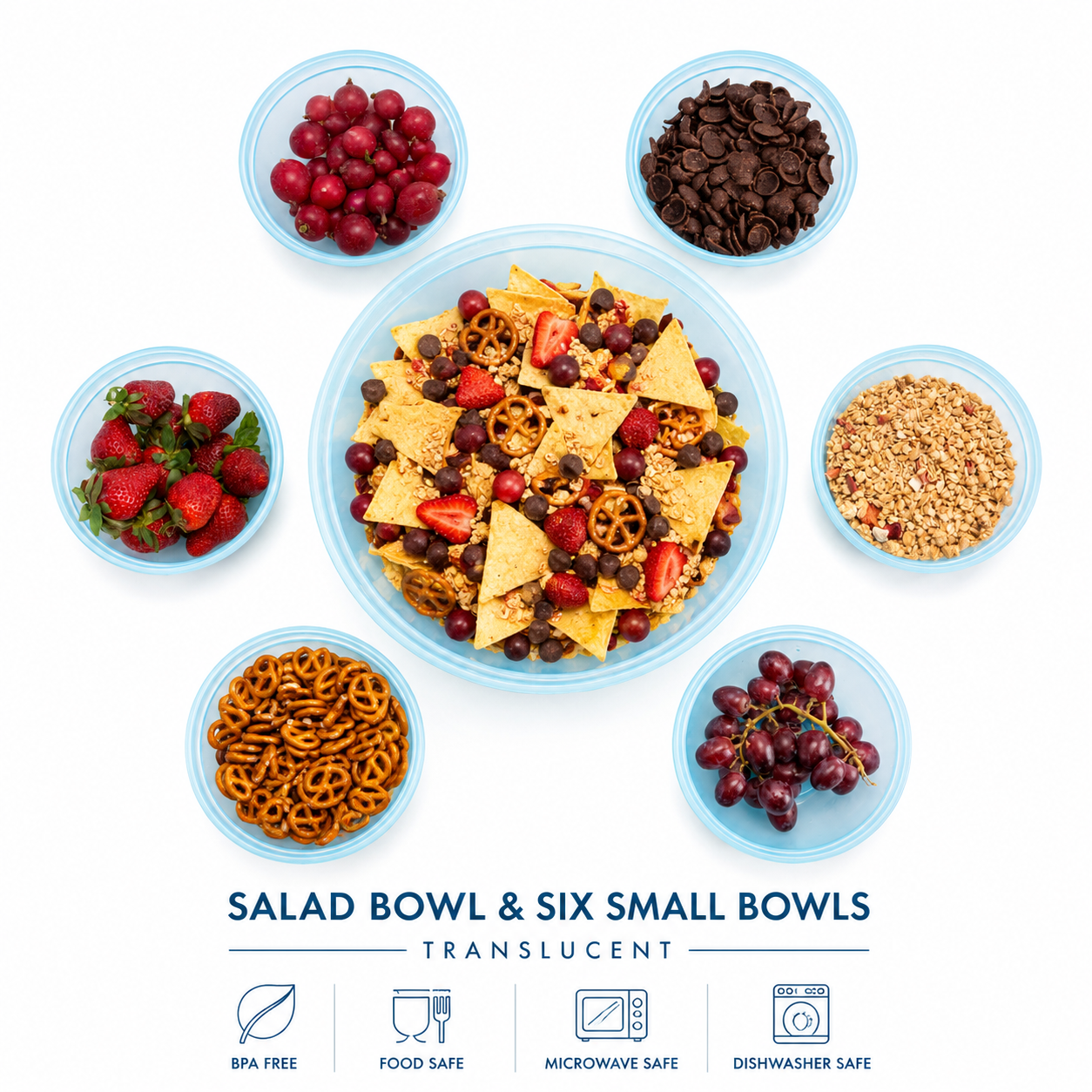 Salad bowl & six small bowls translucent