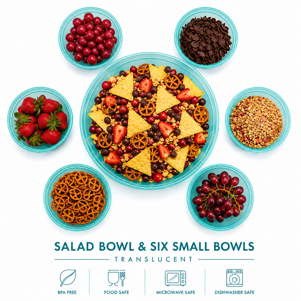 Salad bowl & six small bowls translucent